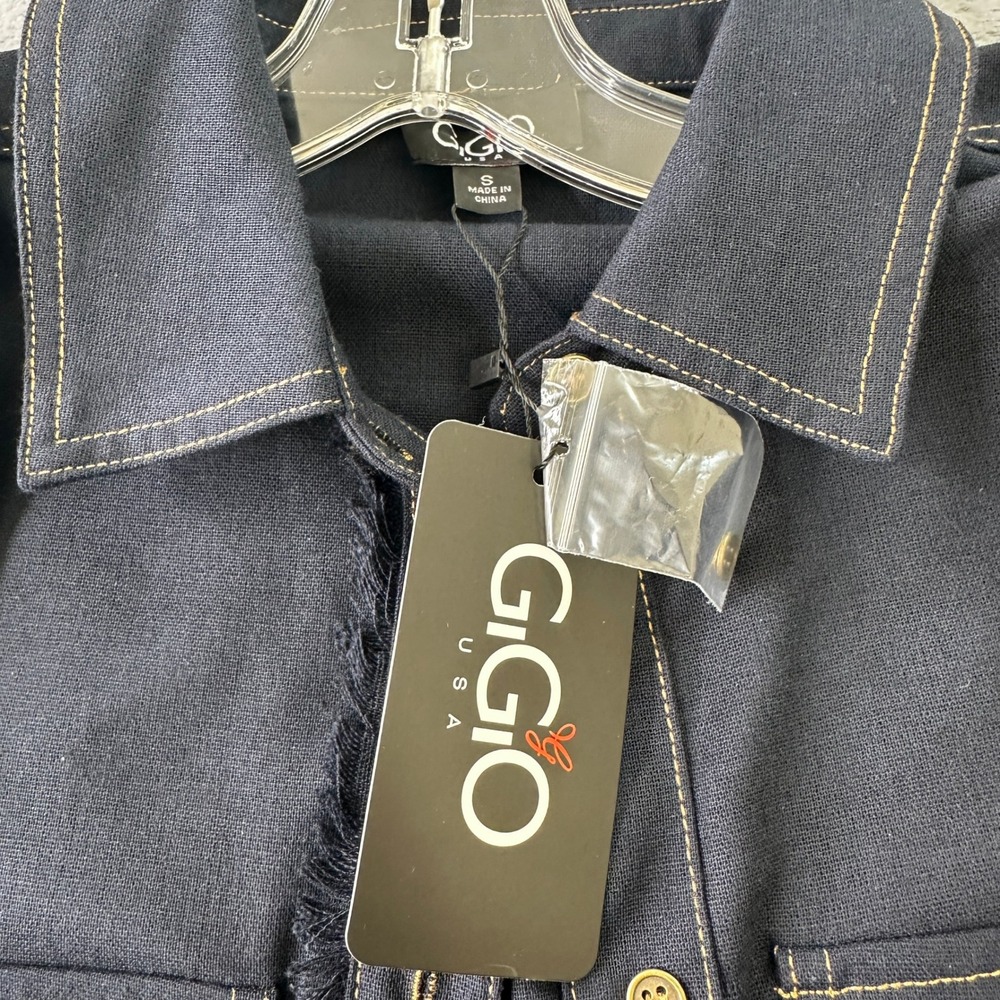 NWT GIGIO USA Navy Linen Blend Puff Sleeve Frayed Hem Button Down Shirt Small - Picture 5 of 8
